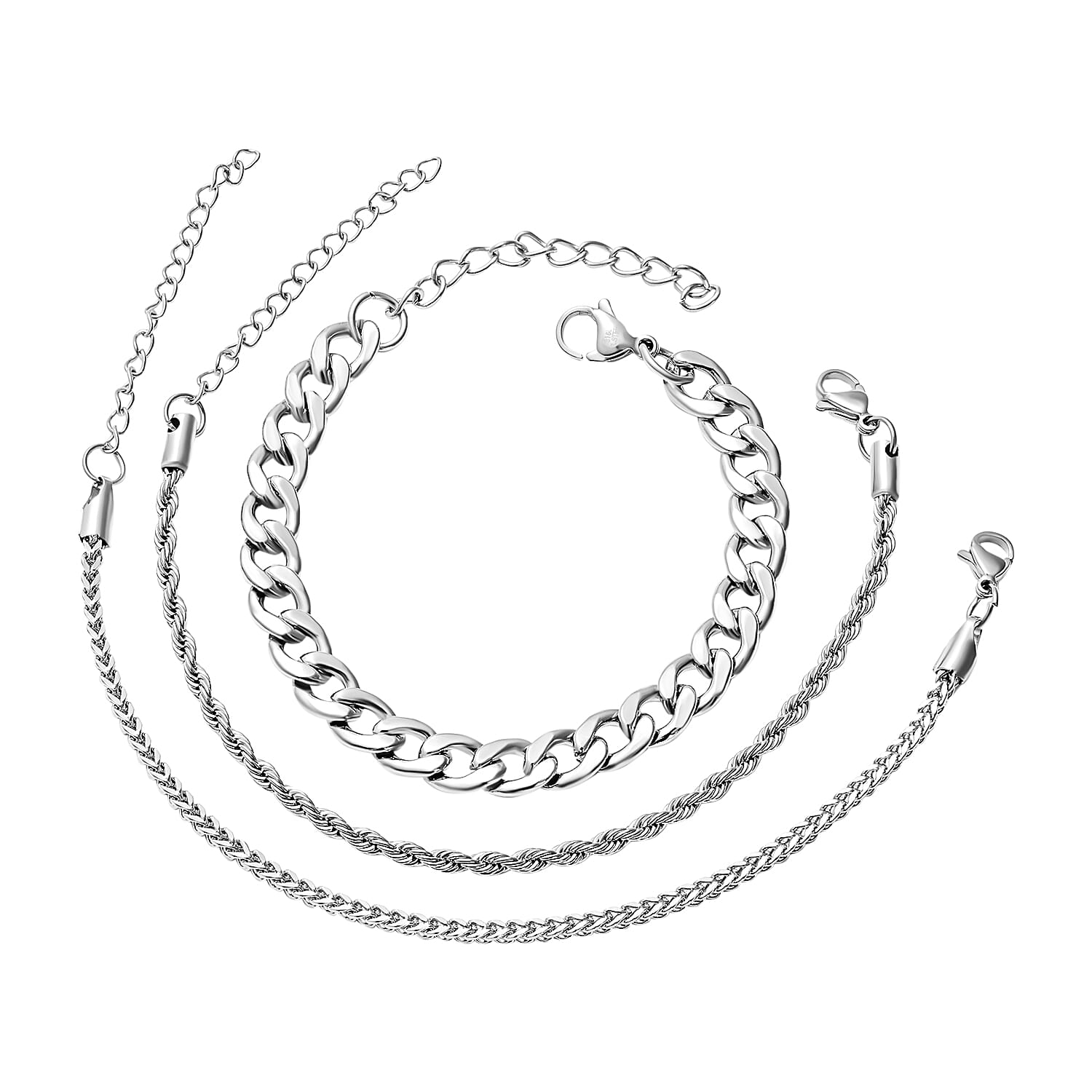 Set of 3 Curb, Rope and Wheat Chain Bracelet in Stainless Steel (7-9 In)