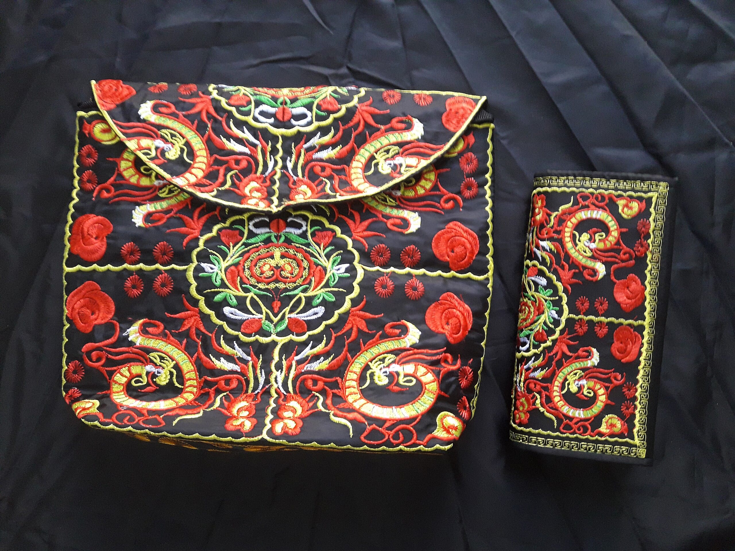TLV Red and Yellow Floral Embroidey Pattern 100% Polyester Sling Bag (12"x9"x2") and Purse (7.5"x3.5"x0.8")