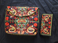 TLV Red and Yellow Floral Embroidey Pattern 100% Polyester Sling Bag (12"x9"x2") and Purse (7.5"x3.5"x0.8")
