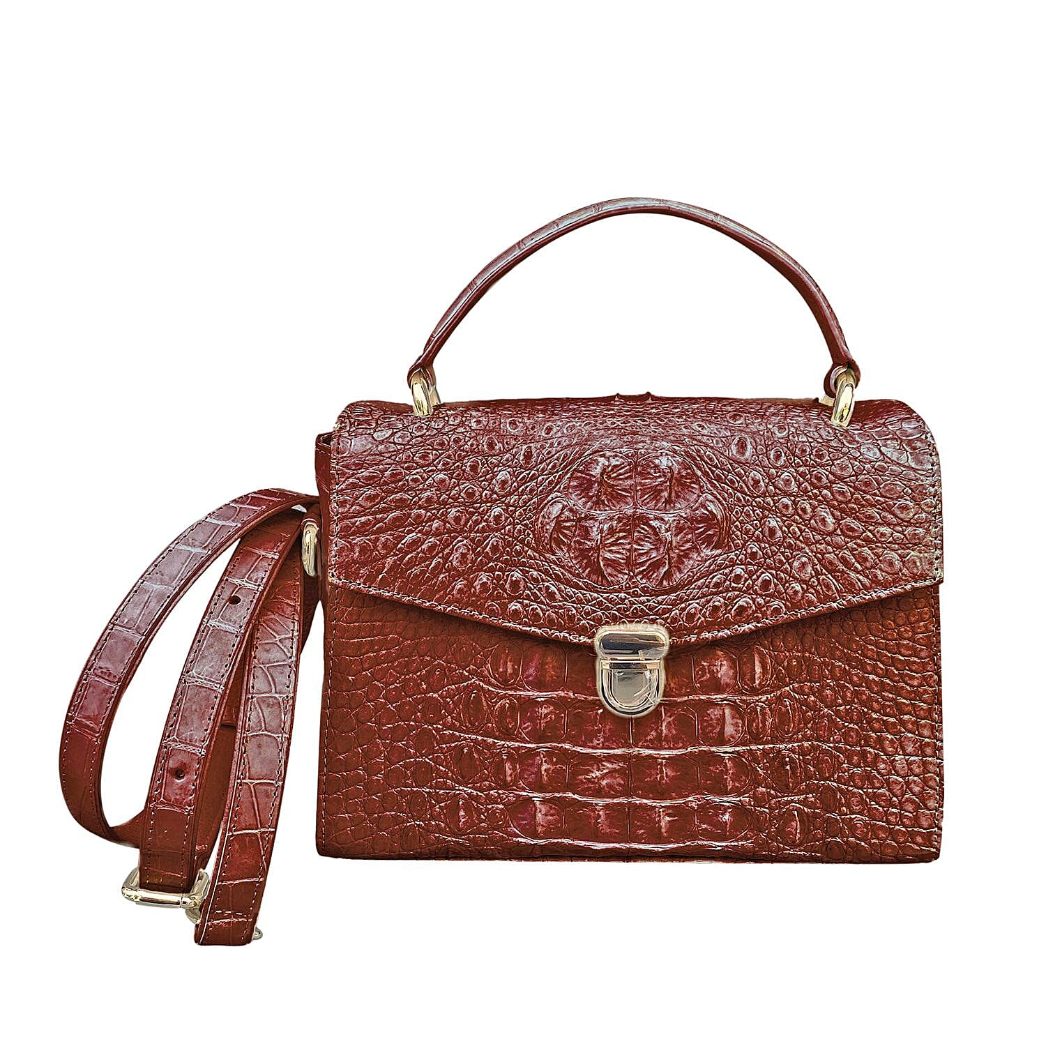 Grand Pelle Genuine Crocodile Leather Dark Chocolate Crossbody Bag (9"x3.9"x6.7") with Detachable Shoulder Strap