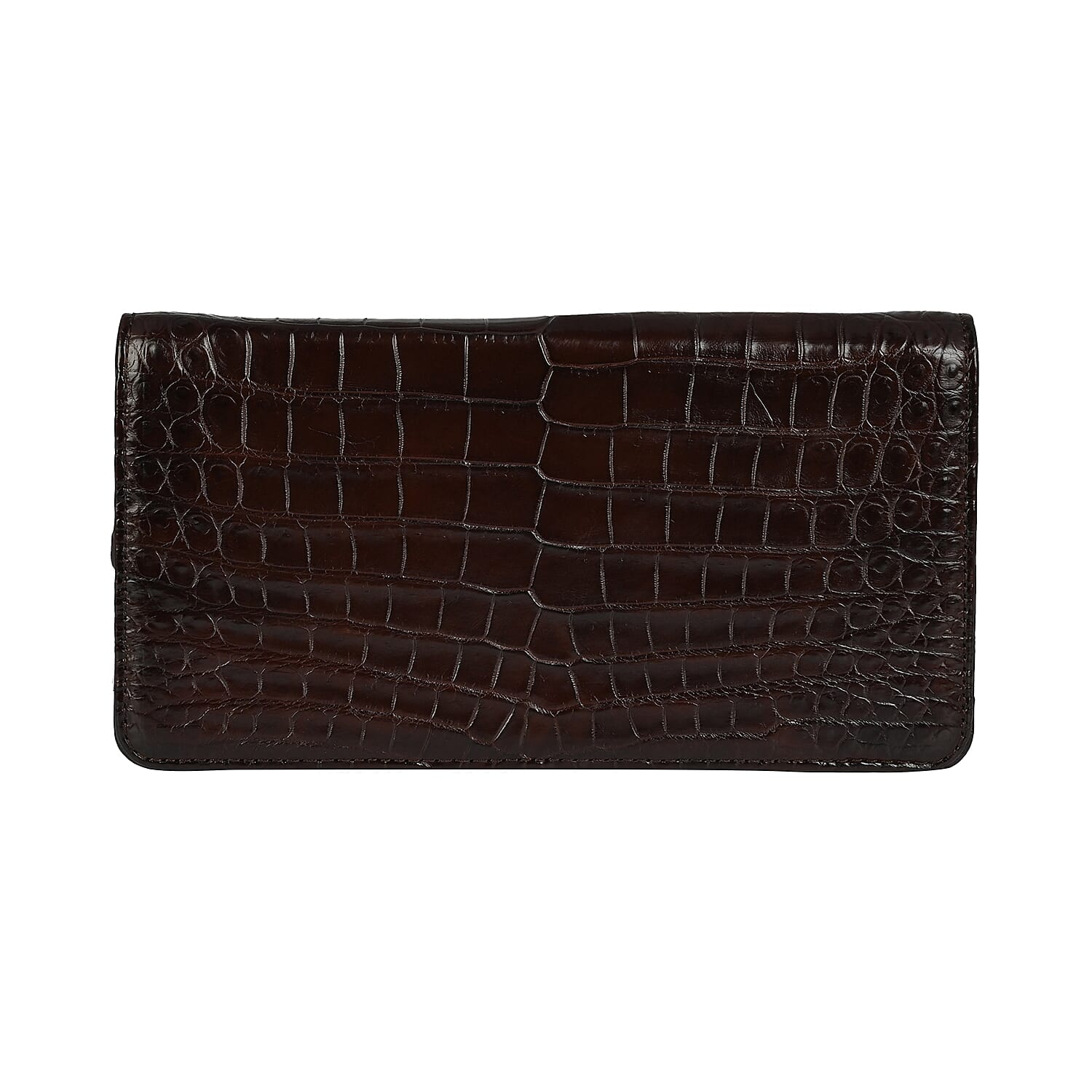 GRAND PELLE Dark Chocolate Genuine Caiman Crocodile Leather Shell Along with Cow Leather Lining Wallet (8.3"x4.3"x1.2")
