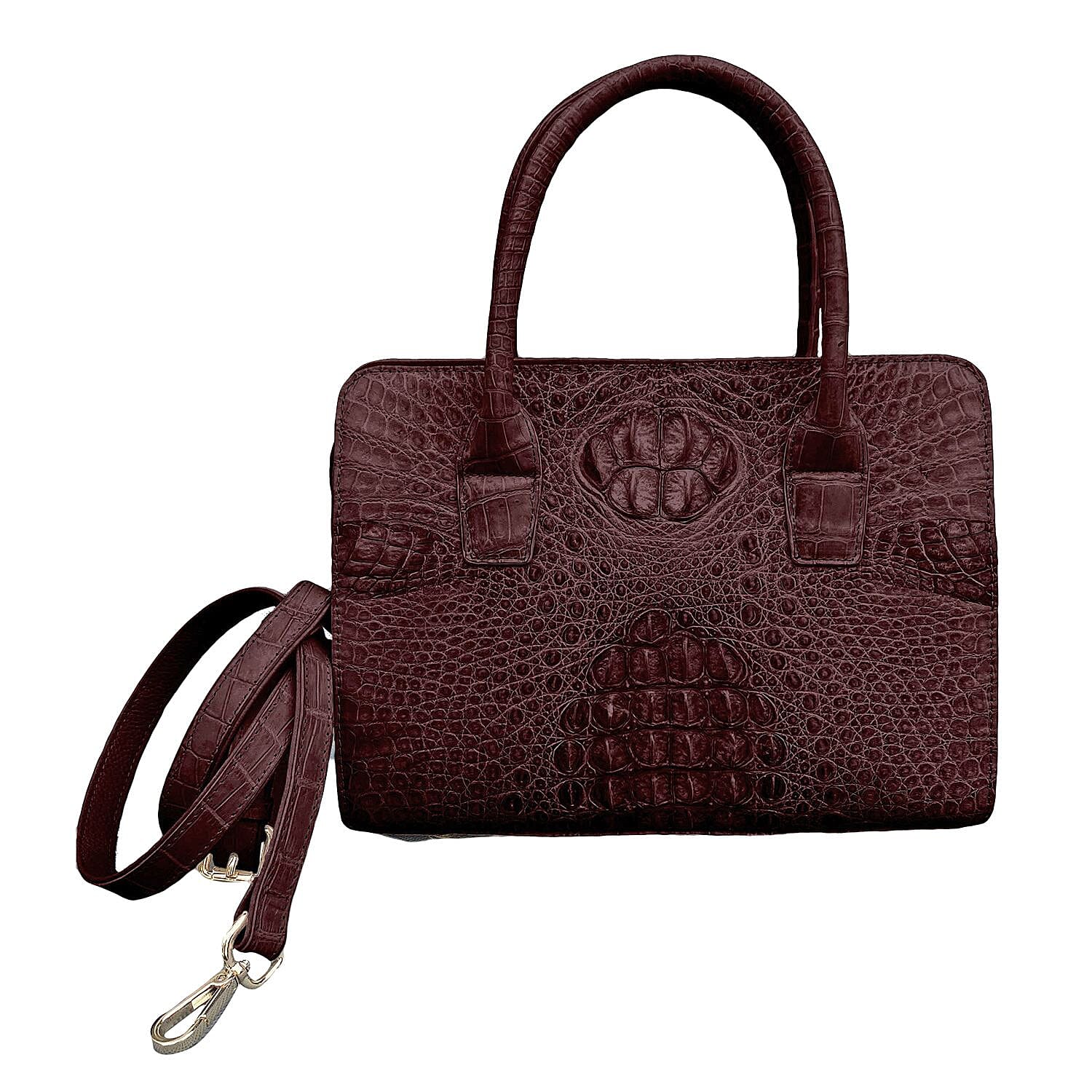 Grand Pelle Genuine Crocodile Leather Dark Chocolate Tote Bag (11"x4.3"x7.9") with Detachable Shoulder Strap
