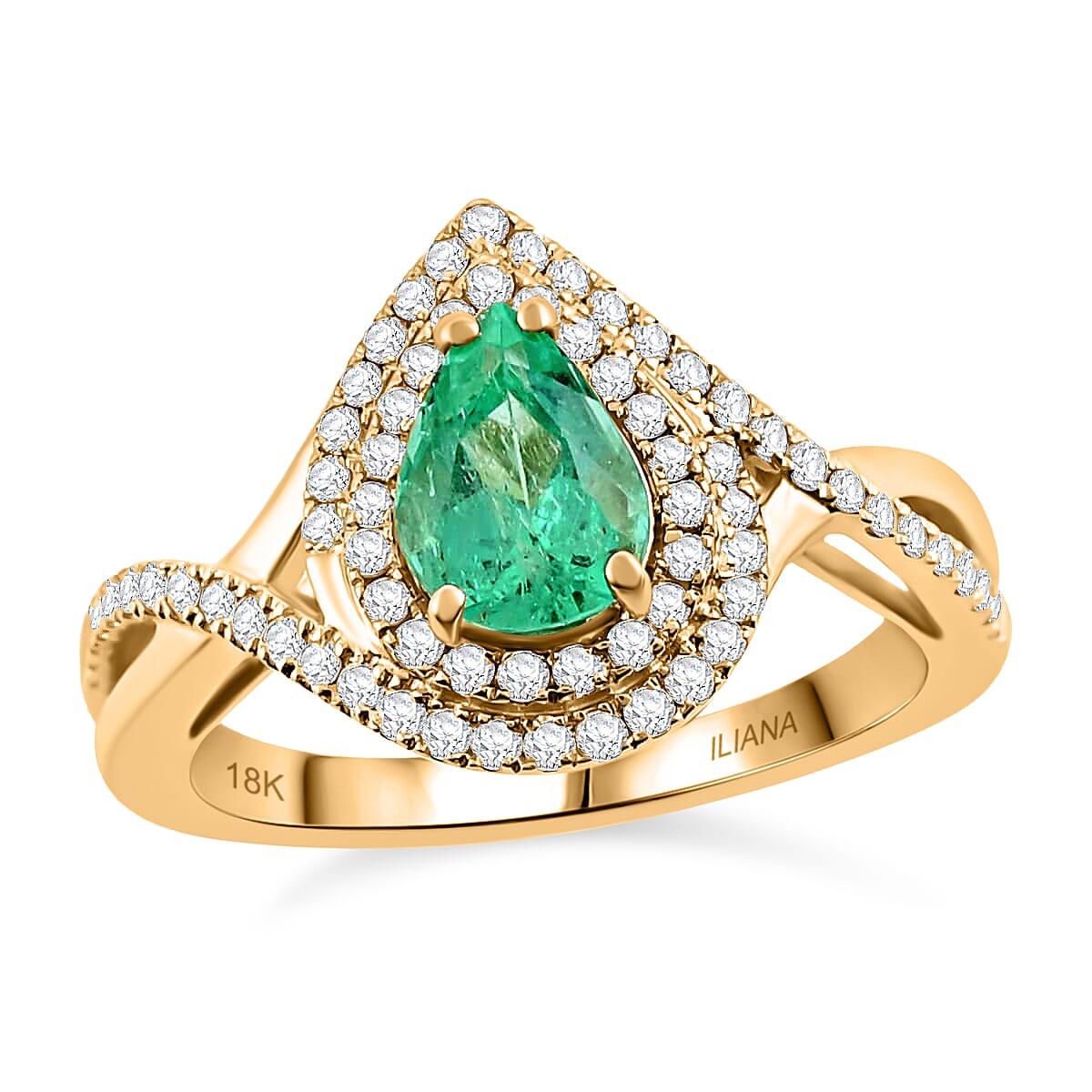 ILIANA 18K Yellow Gold AAA Boyaca Colombian Emerald and G-H SI Diamond Split Shank Ring 4.76 Grams 1.40 ctw