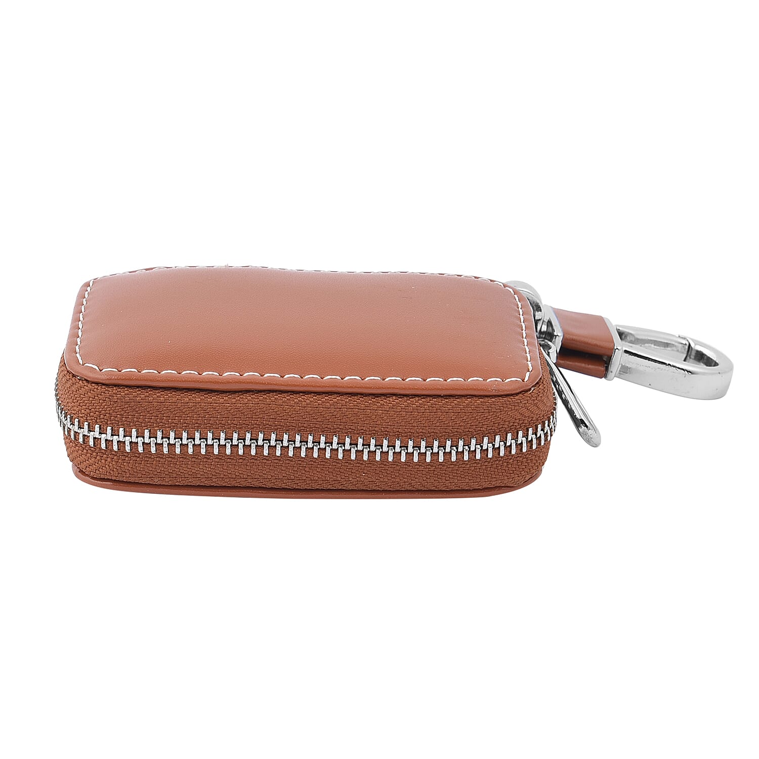 Brown Square Shape Genuine Leather Car Key Bag (3.43"x1.97"x0.87") with Swivel Snap Hook
