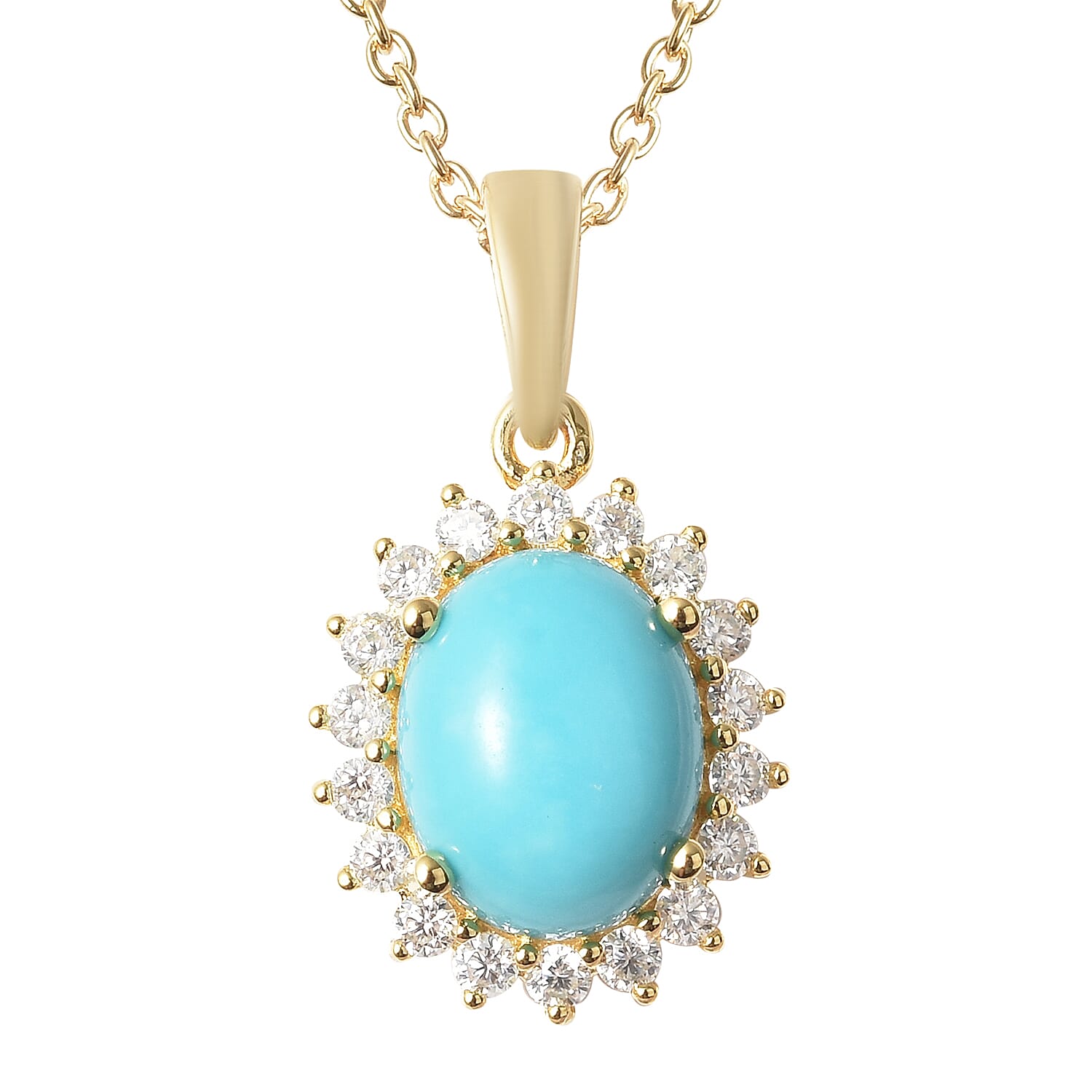 AMERICAN Natural Sleeping Beauty Turquoise and Moissanite VS EF Sunburst Pendant Necklace 18In in Vermeil Yellow Gold Over Sterling Silver 1.75 ctw