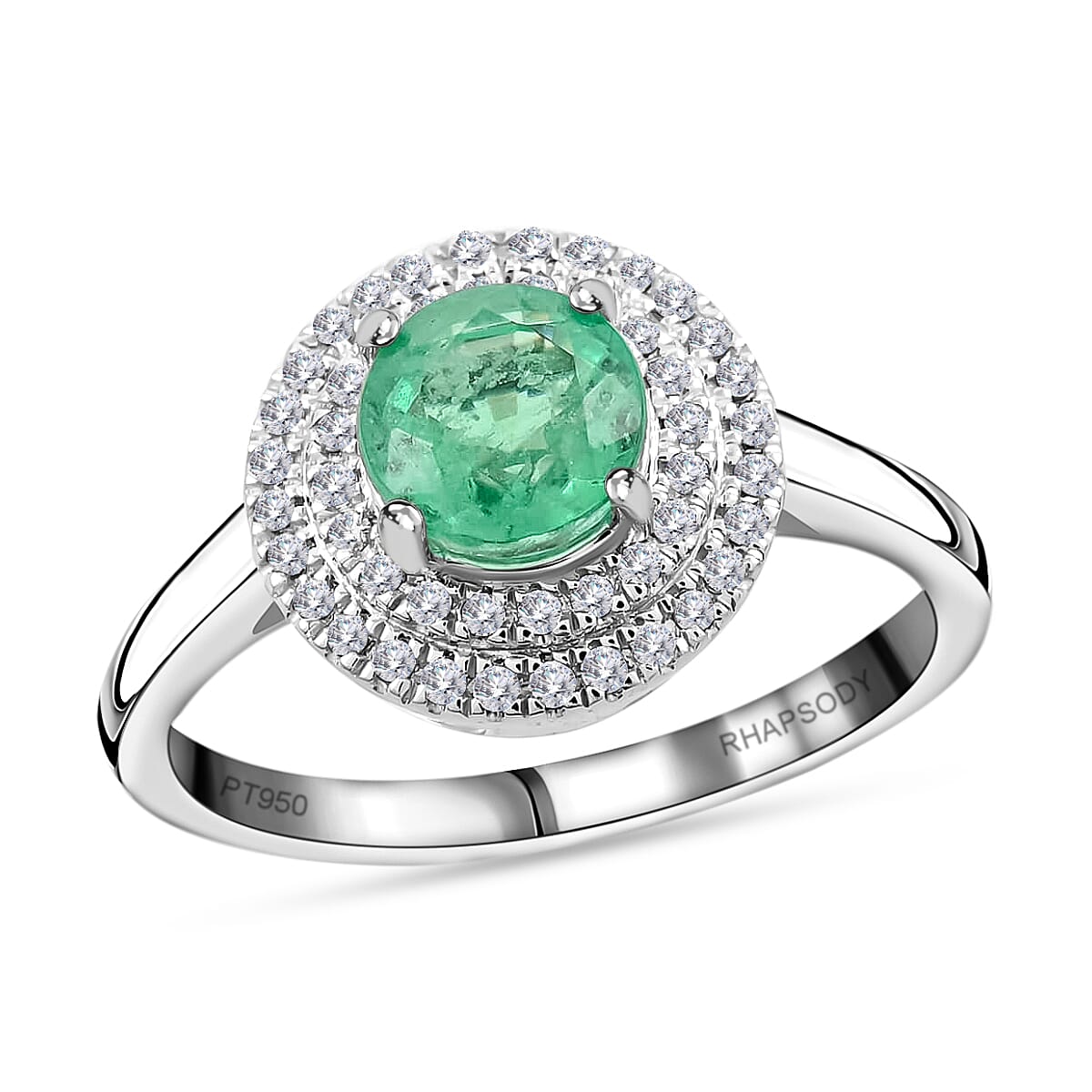 RHAPSODY AAAA Kagem Zambian Emerald and Diamond E-F VS Double Halo Ring in 950 Platinum (Size 9.0) 6.30 Grams 1.25 ctw