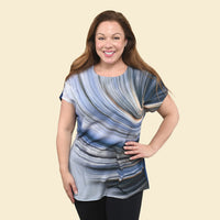 TAMSY Indigo Wave Pattern Drop Sleeve Woven & Knit Top