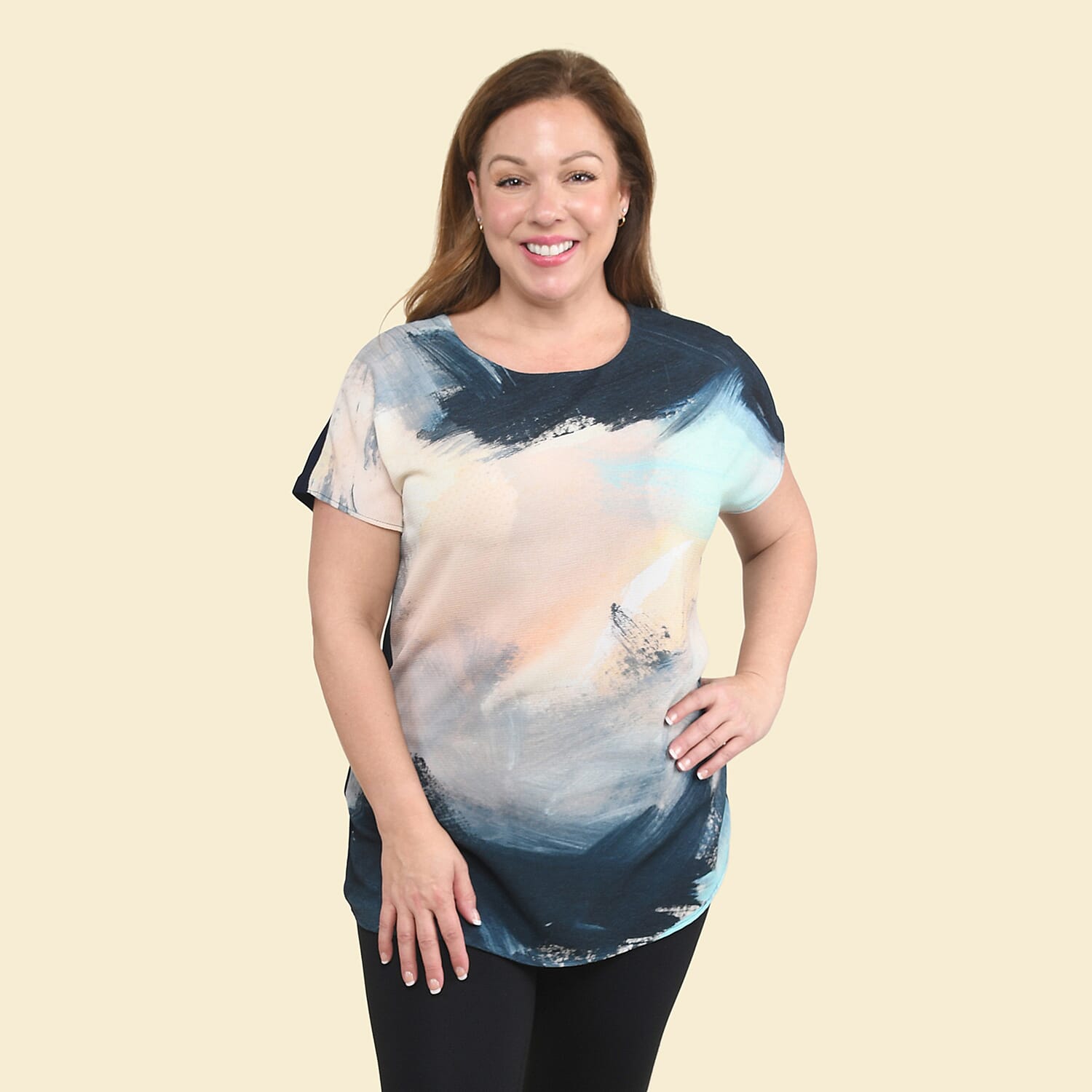 TAMSY Indigo Brush Stroke Pattern Drop Sleeve Woven and Knit Top