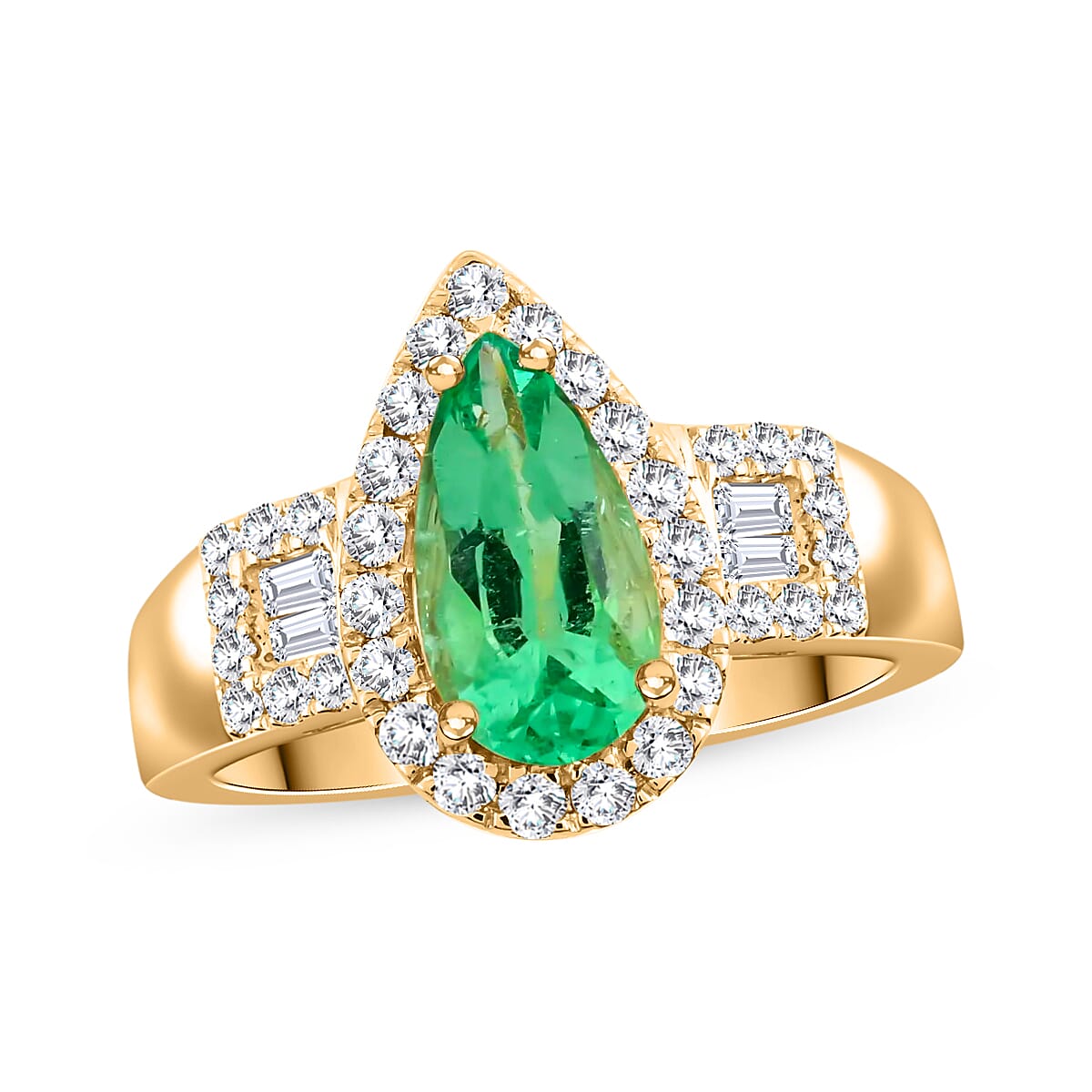 One of a Kind ILIANA 18K Yellow Gold AAA Boyaca Colombian Emerald and Diamond G-H SI Ring (Size 7.0) 5.86 Grams 1.60 ctw