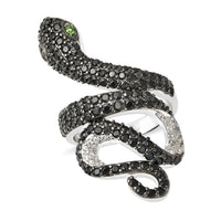Natural Russian Diopside, Natural Thai Black Spinel, White Zircon Snake Ring in Rhodium Over Sterling Silver (Size 10.0) (8.05 g) 2.65 ctw