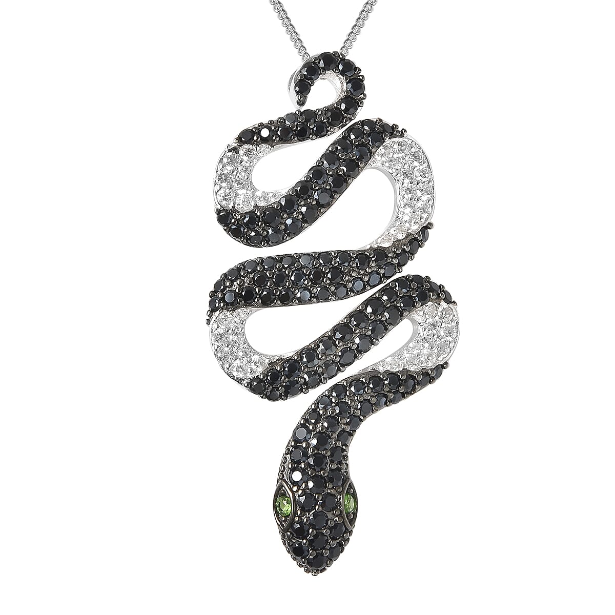 Natural Chrome Diopside, Thai Black Spinel and White Zircon Snake Pendant Necklace 18 Inches in Rhodium Over Sterling Silver 7.65 Grams 3.50 ctw
