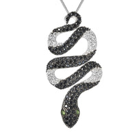 Natural Chrome Diopside, Thai Black Spinel and White Zircon Snake Pendant Necklace 18 Inches in Rhodium Over Sterling Silver 7.65 Grams 3.50 ctw
