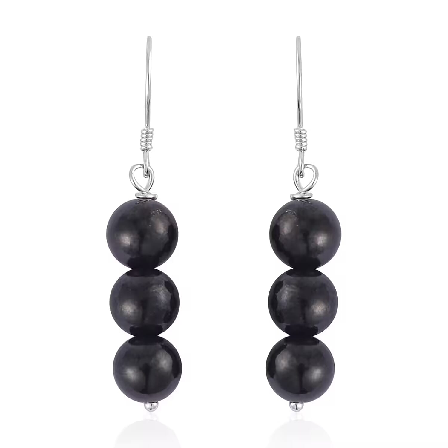 Shungite 7-9mm Beaded Dangle Earrings in Rhodium Over Sterling Silver 17.50 ctw