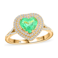 One of a Kind ILIANA 18K Yellow Gold AAA Boyaca Colombian Emerald and Diamond G-H SI Heart Shape Double Halo Ring 4.23 Grams 2.00 ctw