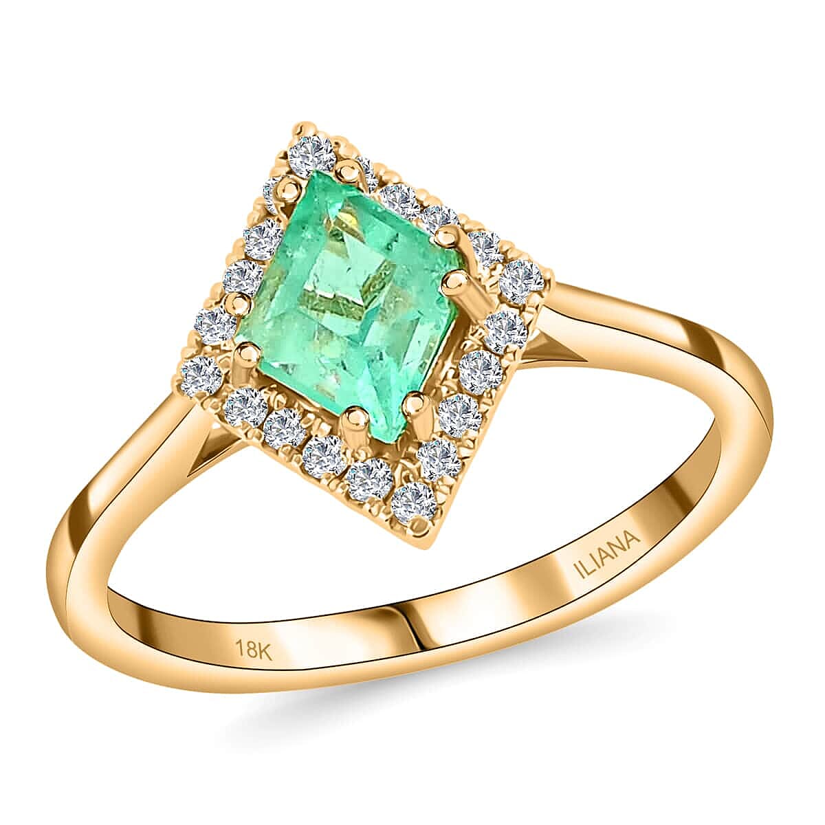 One of a Kind ILIANA 18K Yellow Gold AAA Boyaca Colombian Emerald and Diamond G-H SI Kite Shape Halo Ring 3.50 Grams 1.00 ctw