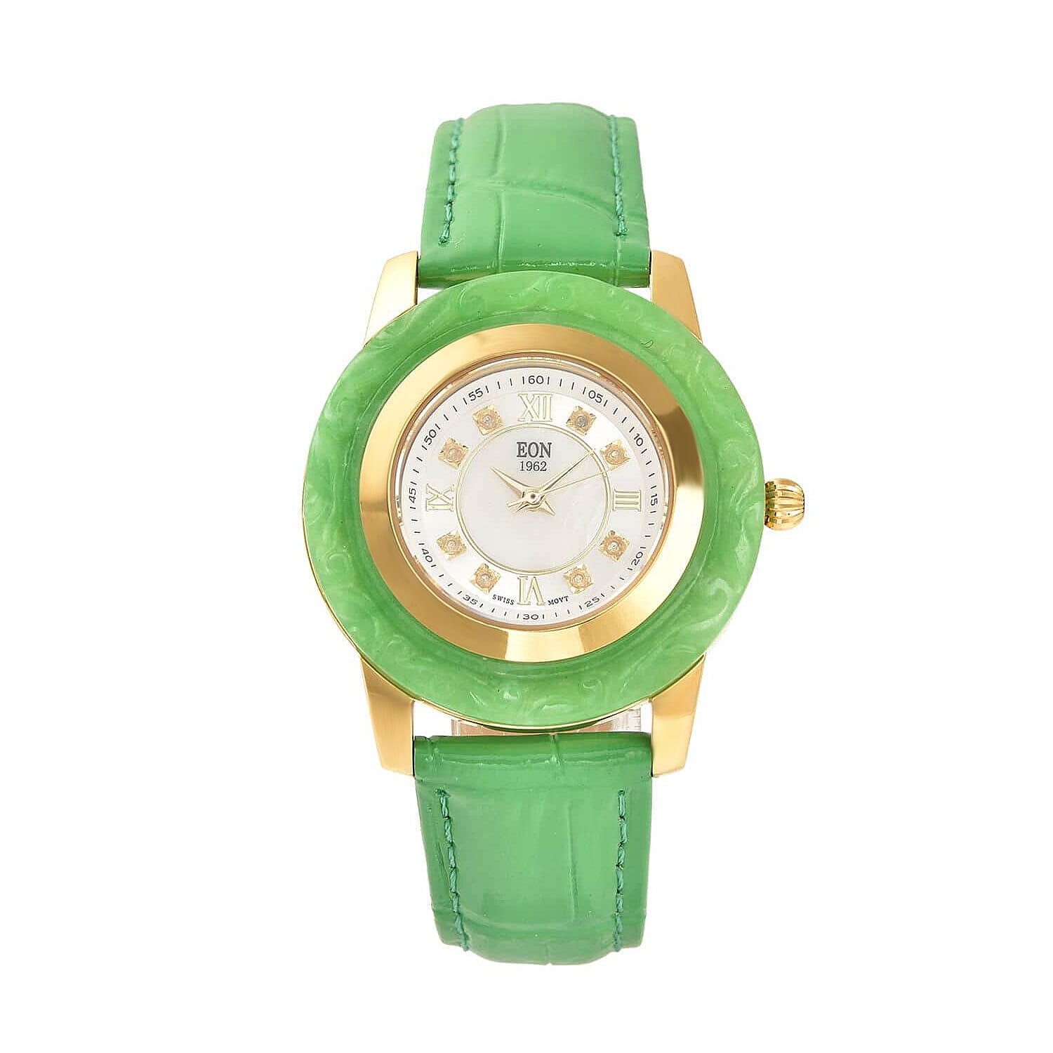 Doorbuster EON 1962 Swiss Movement Green Jade Carved, White Topaz Watc