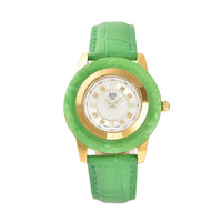 Doorbuster EON 1962 Swiss Movement Green Jade Carved, White Topaz Watch with Green Leather Strap (6.50-8.25 Inches) 17.50 ctw