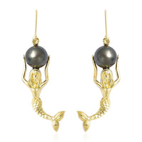 Tahitian Cultured Pearl Lever Back Mermaid Earrings in Vermeil Yellow Gold Over Sterling Silver 7.10 Grams