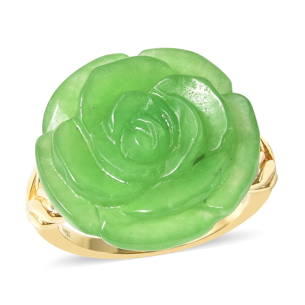 Red Jade Carved and Natural White Zircon Rose Flower Ring in Vermeil Yellow Gold Over Sterling Silver 17.85 ctw