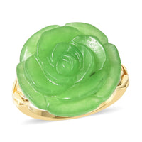 Red Jade Carved and Natural White Zircon Rose Flower Ring in Vermeil Yellow Gold Over Sterling Silver 17.85 ctw