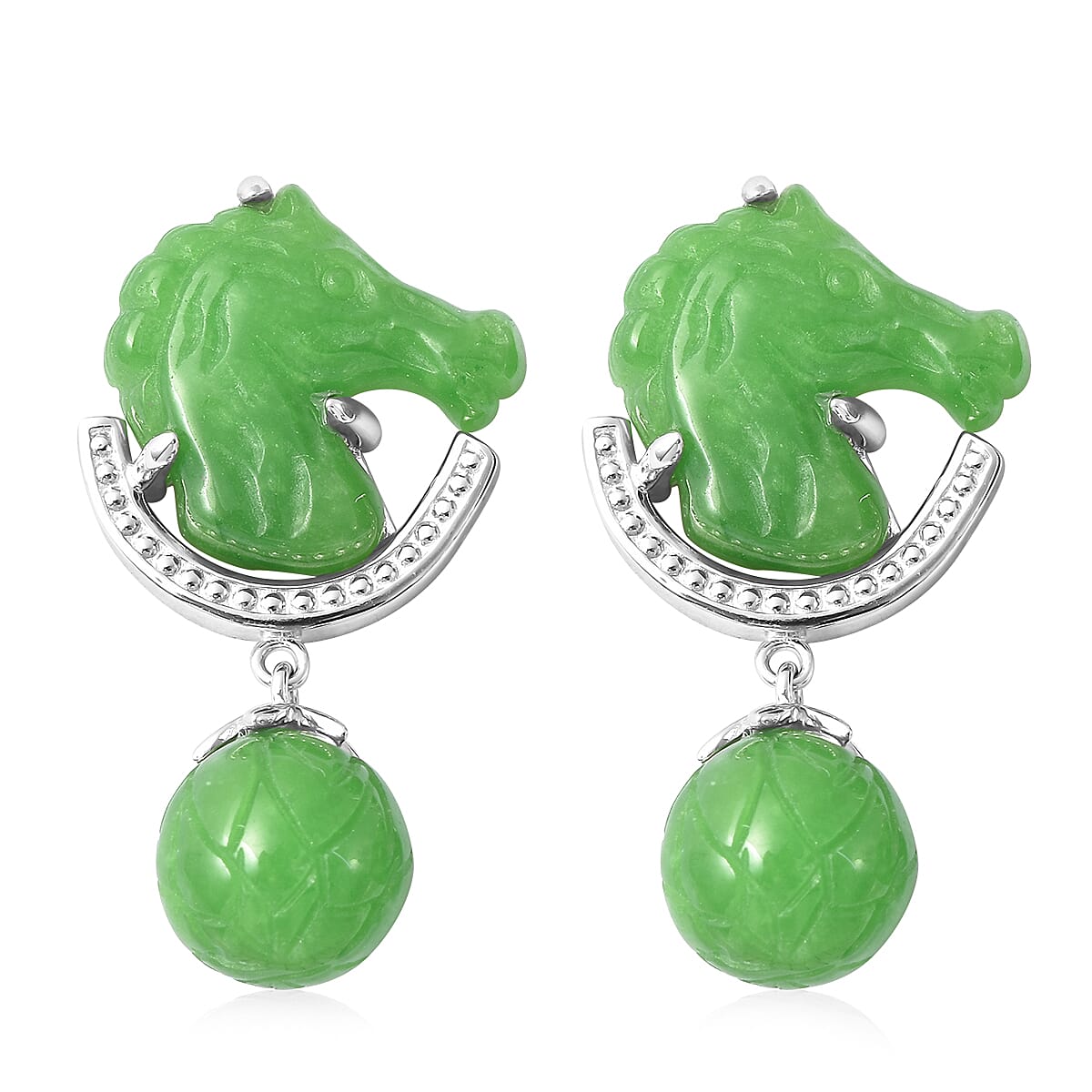 Green Jade (D) Carved Horse Drop Earrings in Rhodium Over Sterling Silver 34.50 ctw