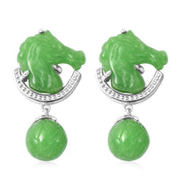 Green Jade (D) Carved Horse Drop Earrings in Rhodium Over Sterling Silver 34.50 ctw
