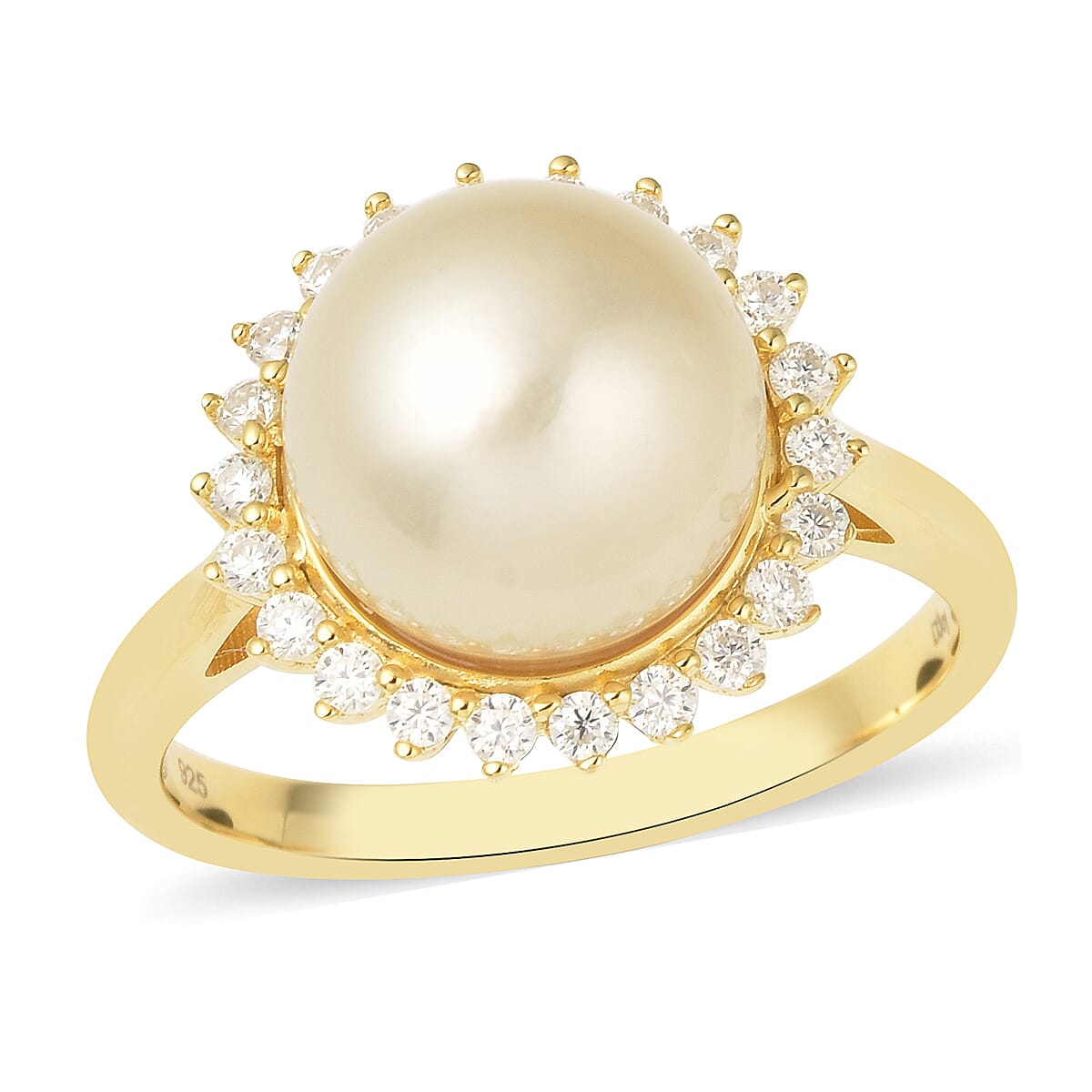 South Sea Golden Cultured Pearl, Moissanite (VS-EF) Ring in Vermeil YG Over Sterling Silver 0.30 ctw