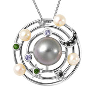 Tahitian Black Pearl Pendant Necklace , Multi Gemstone Pendant Necklace For Women , Sterling Silver Necklace , Solar System Pendant Necklace, Princess Length Necklace 18 Inches
