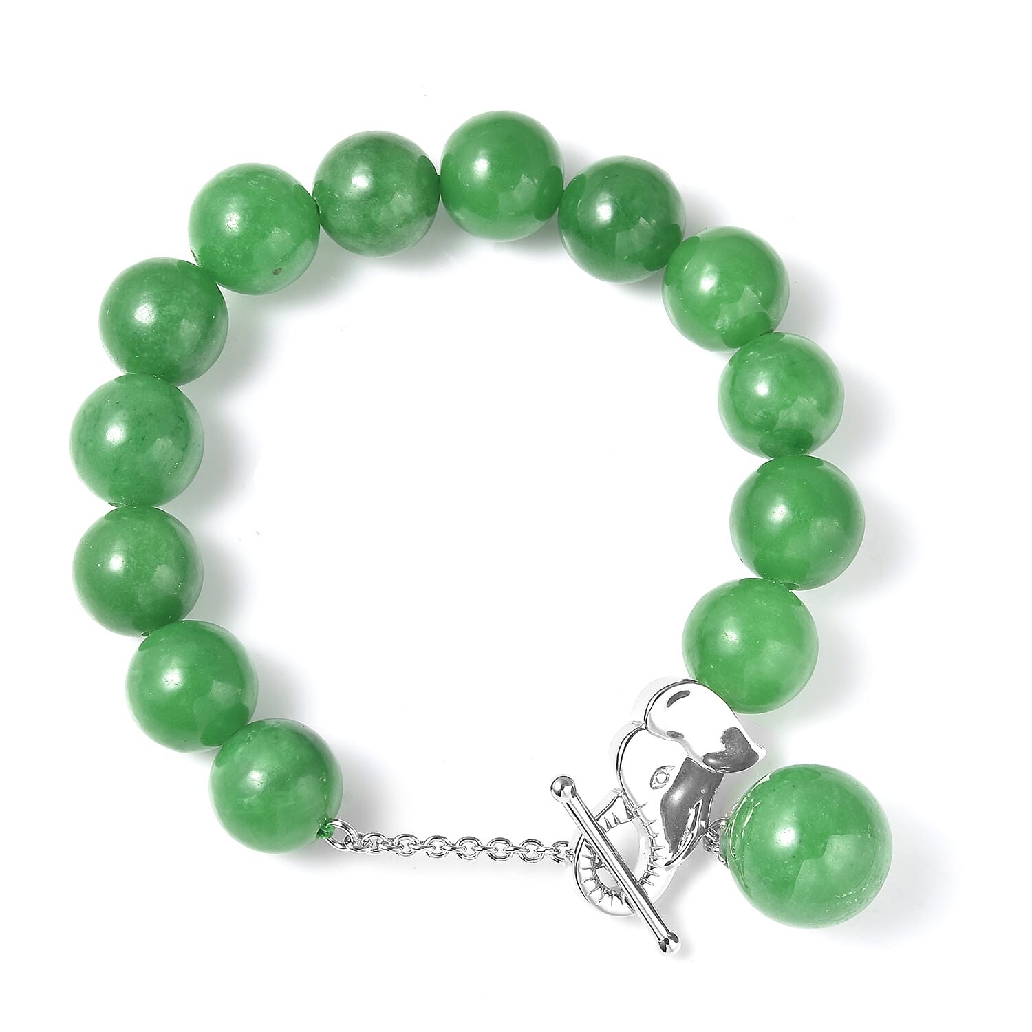 Green Jade (D) 10-12mm Beaded Charm Bracelet in Rhodium Over Sterling Silver (6.50 In) 126.00 ctw