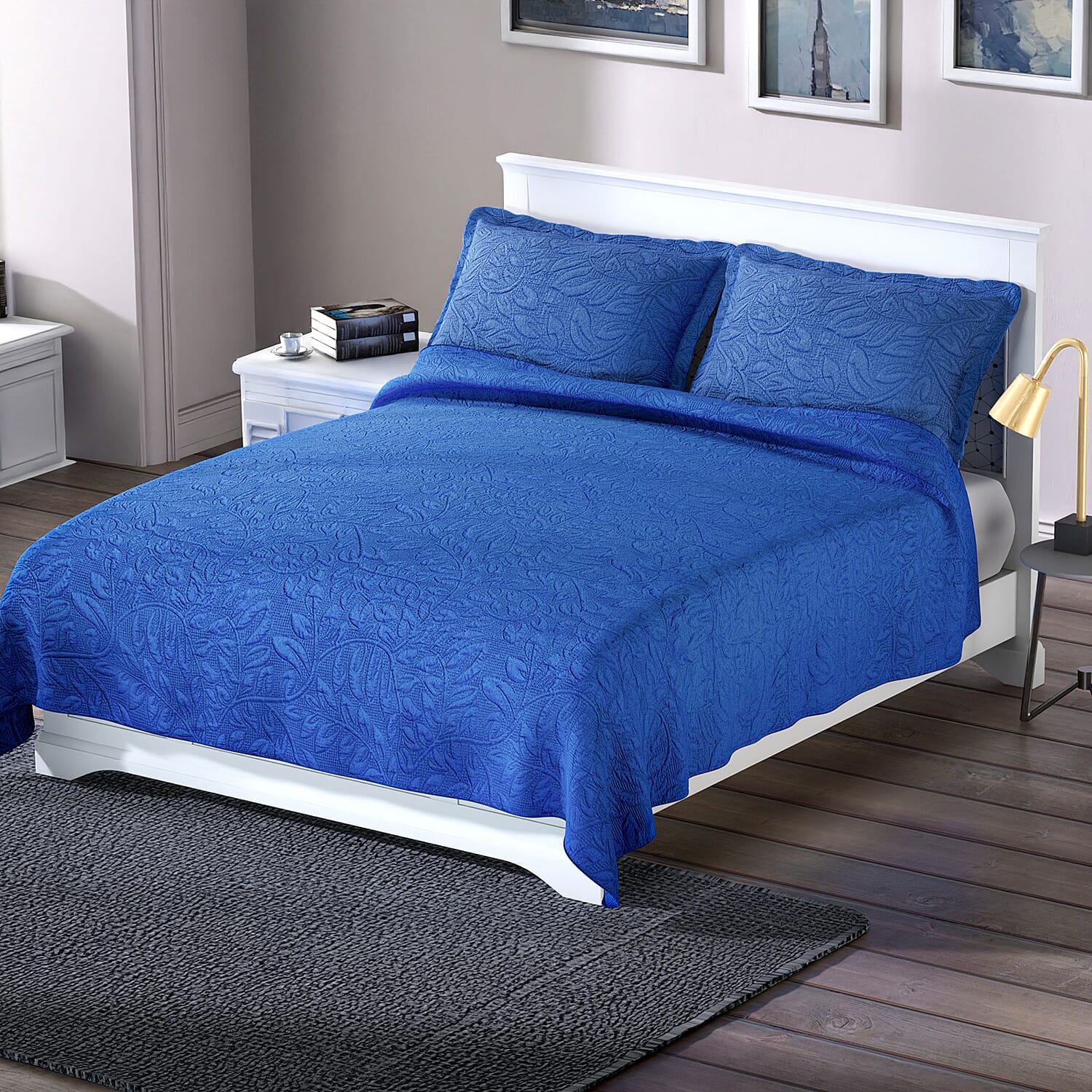 HOMESMART Blue 3D Pinsonic Embossed Pattern Quilt with 2 Shams - Queen (Microfiber)