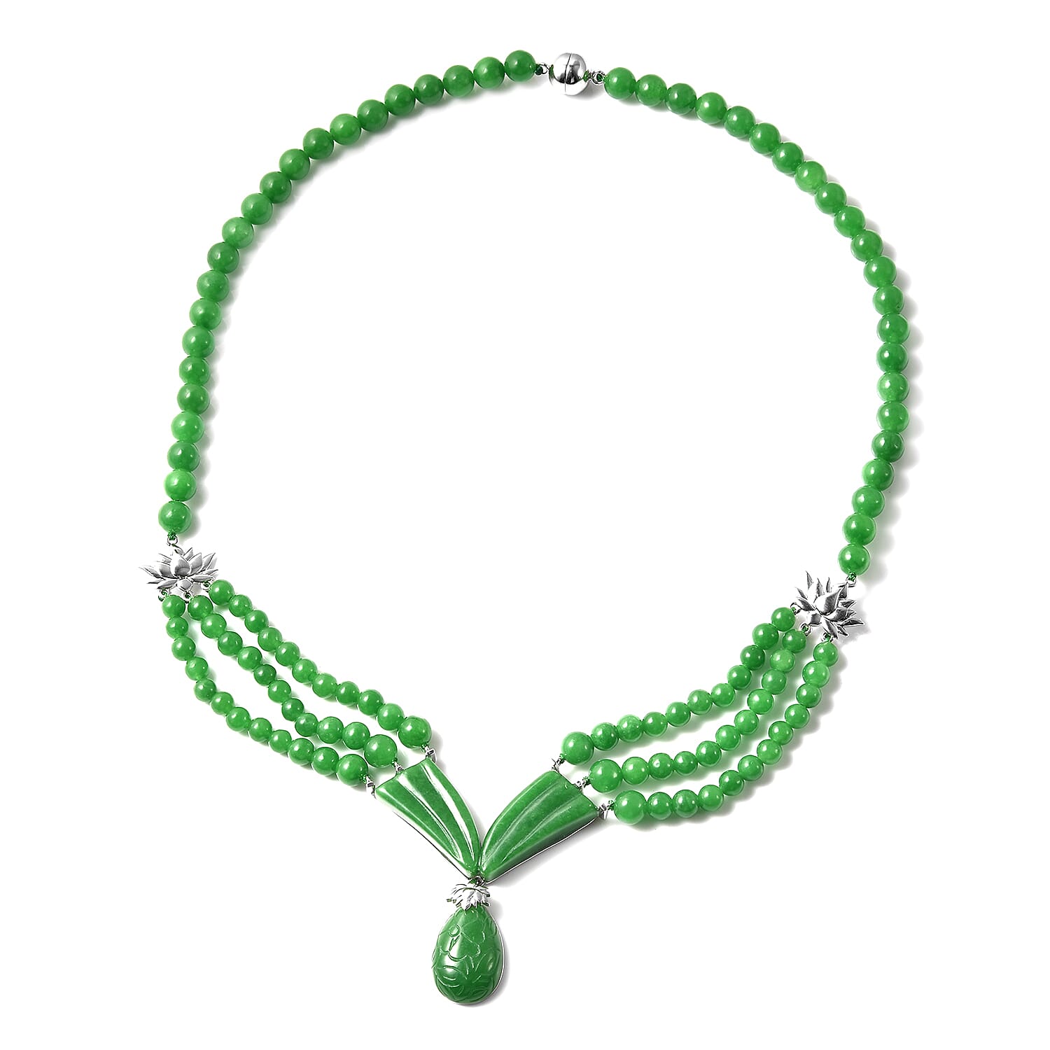 Green Jade Beaded Necklace 20 Inches in Rhodium Over Sterling Silver 11.25 Grams 302.50 ctw