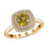 ILIANA 18K Yellow Gold AAA Sava Sphene and Diamond G-H SI Double Halo Ring (Size 7.0) 4.25 Grams 1.60 ctw