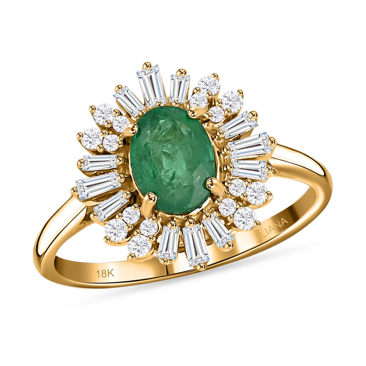 Iliana 18K Yellow Gold AAA Kagem Zambian Emerald and G-H SI Diamond Sunburst Ring 4.50 Grams 1.75 ctw