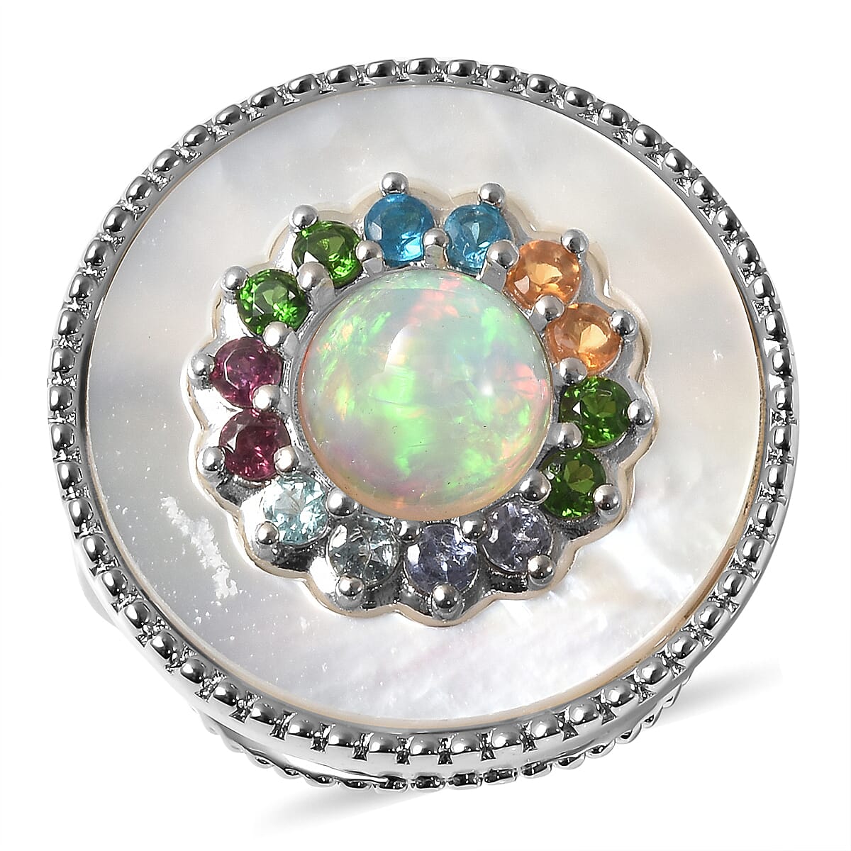 Ethiopian Welo Opal and Multi Gemstone Double Circle Ring in Rhodium Over Sterling Silver 8.45 Grams 2.40