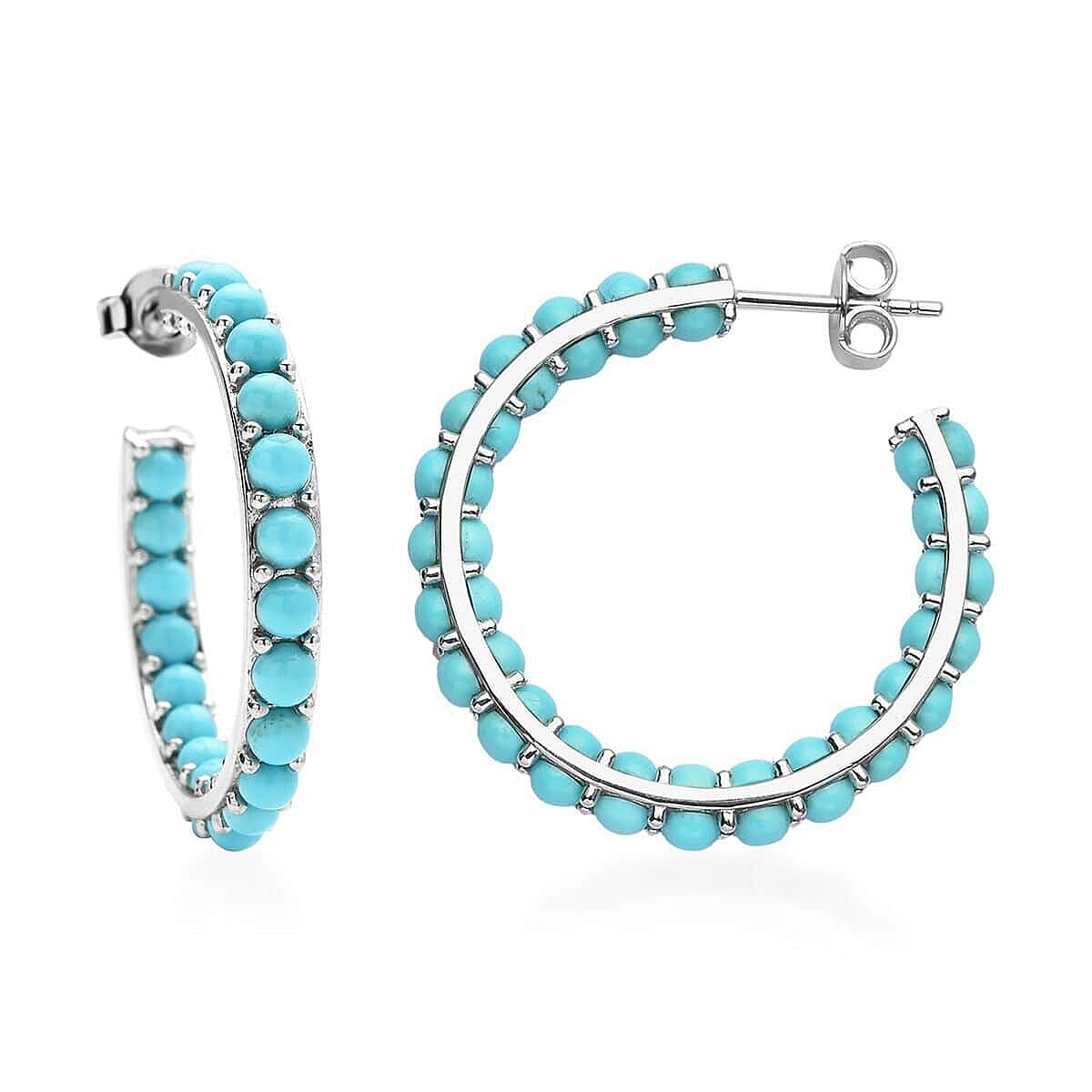 AMERICAN Natural Sleeping Beauty Turquoise Hoop Earrings in Rhodium Over Sterling Silver 8.40 ctw