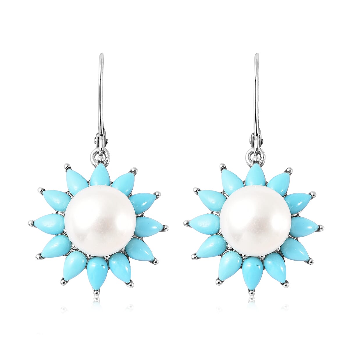 White Edison Pearl and Sleeping Beauty Turquoise Floral Earrings in Rhodium Over Sterling Silver 4.00 ctw