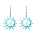 White Edison Pearl and Sleeping Beauty Turquoise Floral Earrings in Rhodium Over Sterling Silver 4.00 ctw - Sticky add to cart bar