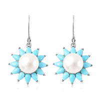 White Edison Pearl and Sleeping Beauty Turquoise Floral Earrings in Rhodium Over Sterling Silver 4.00 ctw