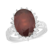 Ratnapura Hessonite Garnet and Natural White Zircon Halo Ring in Rhodium Over Sterling Silver (Size 8.0) 7.50 ctw