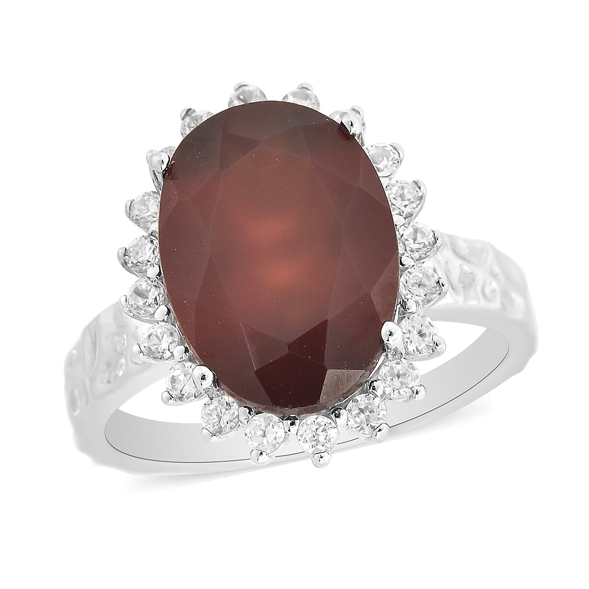 Ratnapura Hessonite Garnet and Natural White Zircon Halo Ring in Rhodium Over Sterling Silver (Size 8.0) 7.50 ctw (1)