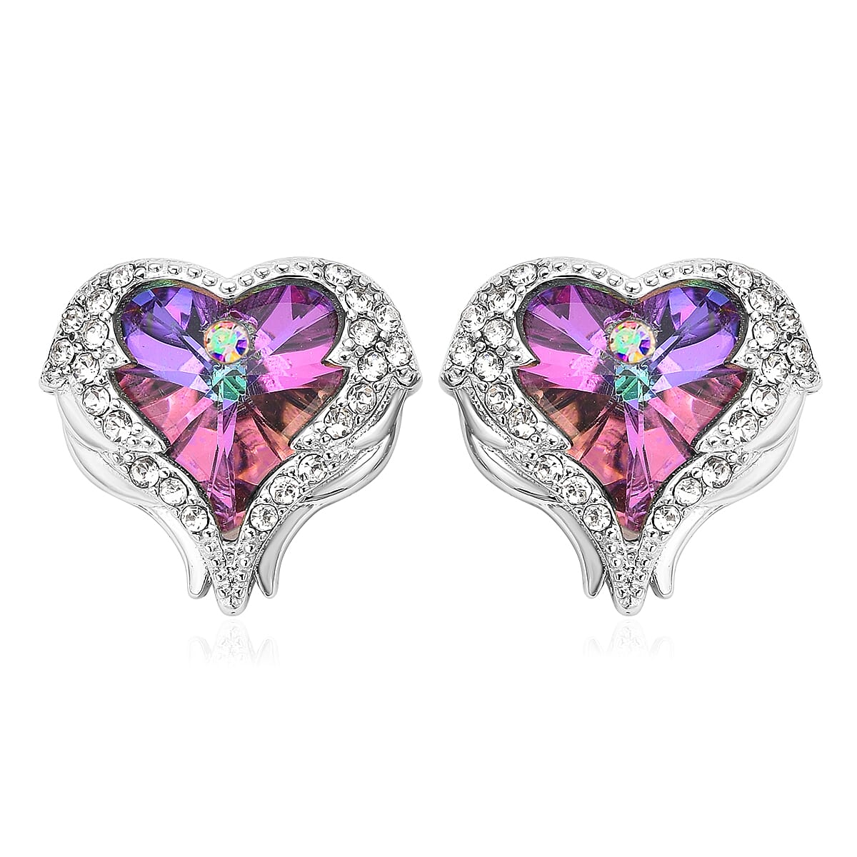 Angel Wing Austrian Red, White & Aurora Borealis Crystal Heart Earring in Rhodium Over Sterling Silver Jewelry