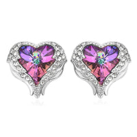 Angel Wing Austrian Red, White & Aurora Borealis Crystal Heart Earring in Rhodium Over Sterling Silver Jewelry