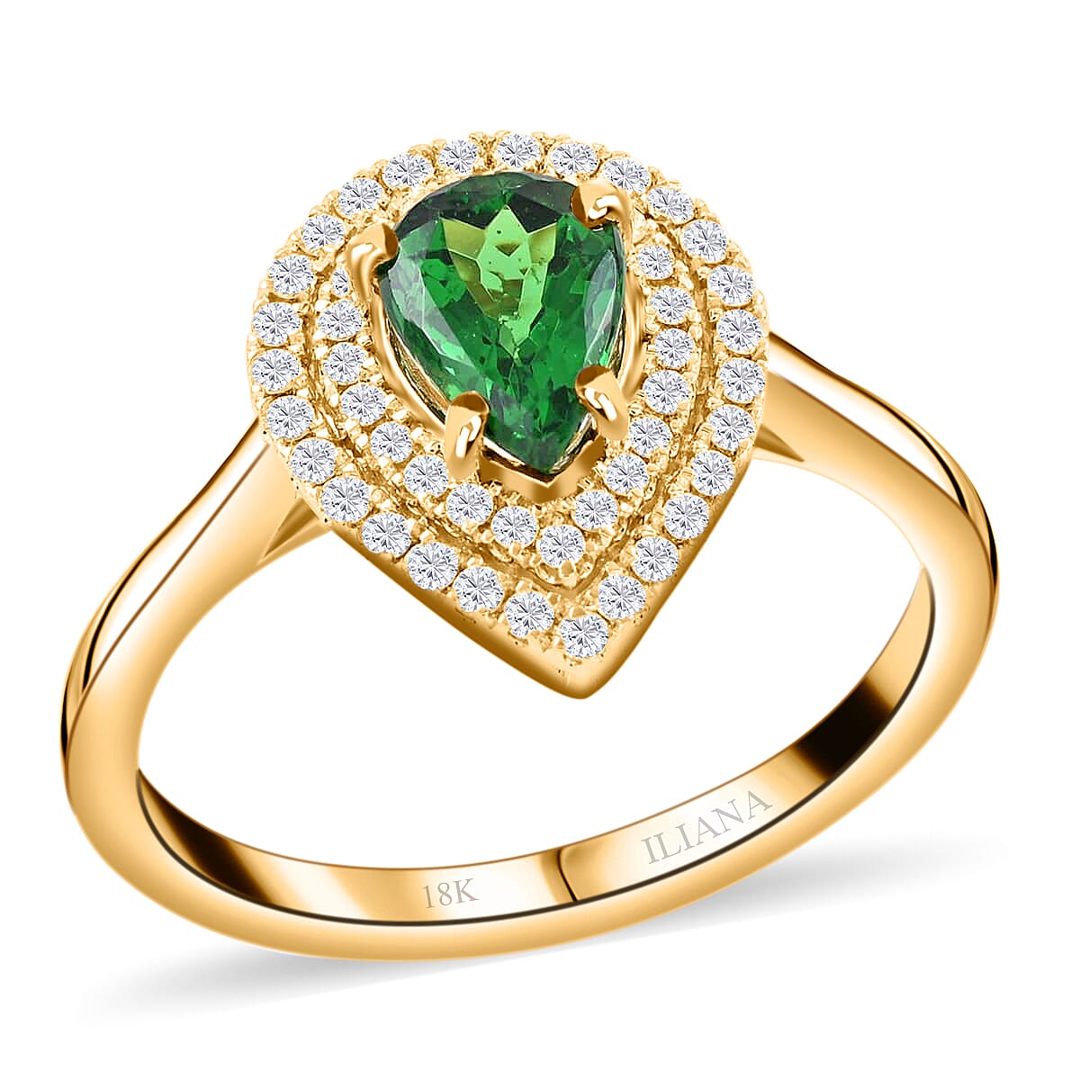 ILIANA 18K Yellow Gold AAA Tsavorite Garnet and Diamond G-H SI Double Halo Ring 3.54 Grams 1.00 ctw