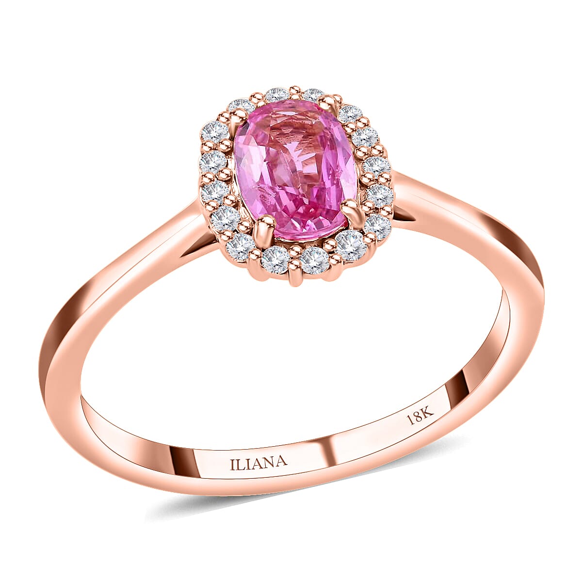 ILIANA 18K Rose Gold AAA Madagascar Pink Sapphire and G-H SI Diamond Halo Ring 2.90 Grams 1.20 ctw