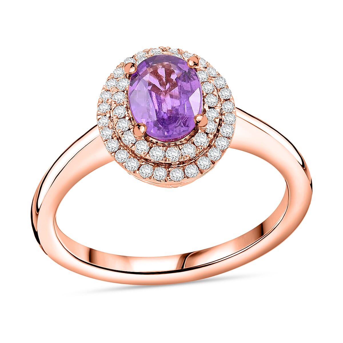 ILIANA 18K Rose Gold AAA Purple Sapphire, Diamond (G-H, SI) (0.20 cts) Double Halo Ring (3.50 g) 1.00 ctw