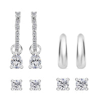Ear Party, Set of 4 Simulated Diamond Earring Pairs, 1 Huggie Hoop Earrings with Tear Drop Interchangeable Charms, 1 Plain Ear Cuffs, and 2 Stud Earrings in 14K RG Over Sterling Silver 2.85