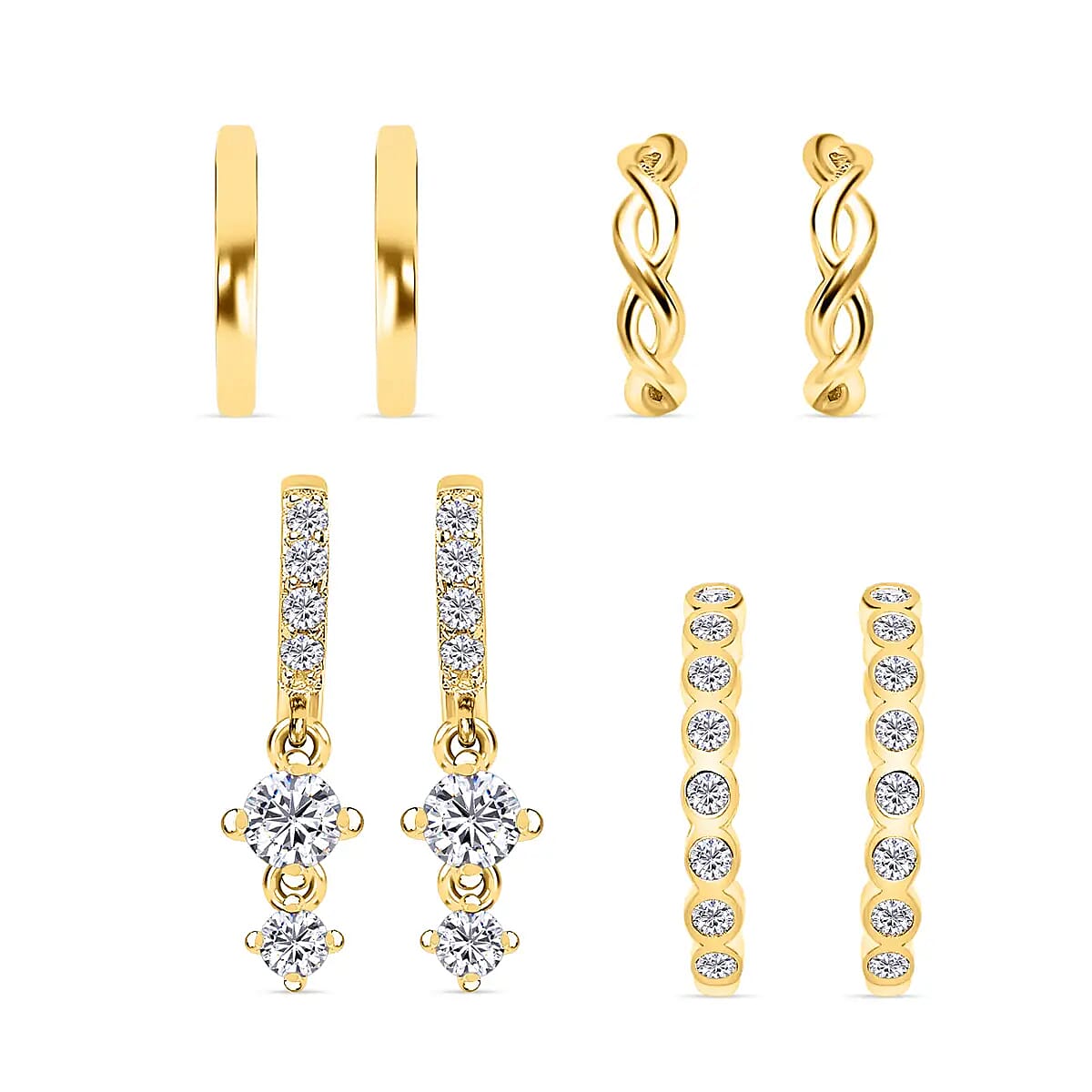Ear Party, Set of 4 Simulated Diamond Earrings, 1 Hoops, 1 Studded & 1 Plain Huggies, 1 Criss-cross Ear Cuffs in 14K YG Over Sterling Silver 1.30 ctw