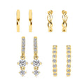 Ear Party, Set of 4 Simulated Diamond Earrings, 1 Hoops, 1 Studded & 1 Plain Huggies, 1 Criss-cross Ear Cuffs in 14K YG Over Sterling Silver 1.30 ctw - Sticky add to cart bar