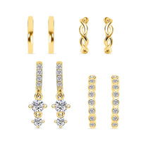 Ear Party, Set of 4 Simulated Diamond Earrings, 1 Hoops, 1 Studded & 1 Plain Huggies, 1 Criss-cross Ear Cuffs in 14K YG Over Sterling Silver 1.30 ctw
