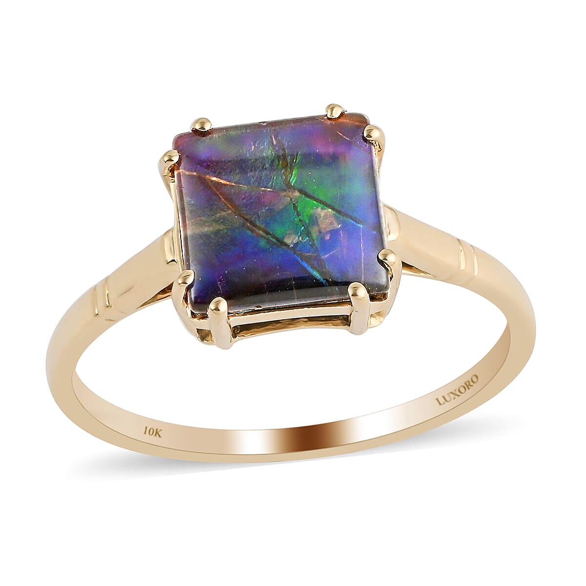 Certified & Appraised Luxoro 10K Yellow Gold AAA Canadian Ammolite (Sqr 9mm) Solitaire Ring (Size 6.0)